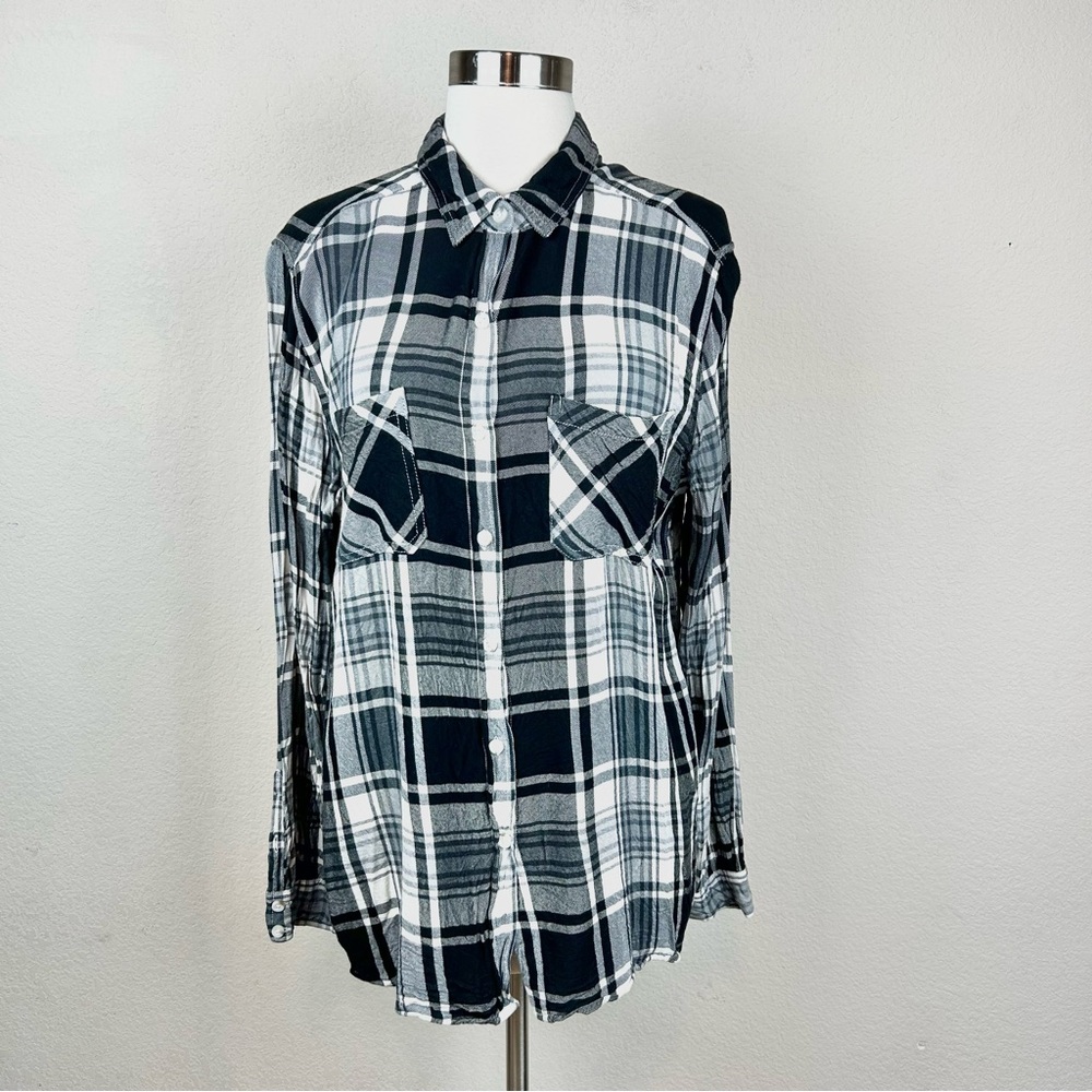 Mossimo Supply Co. Black & White Plaid Pattern Long Sleeve Top